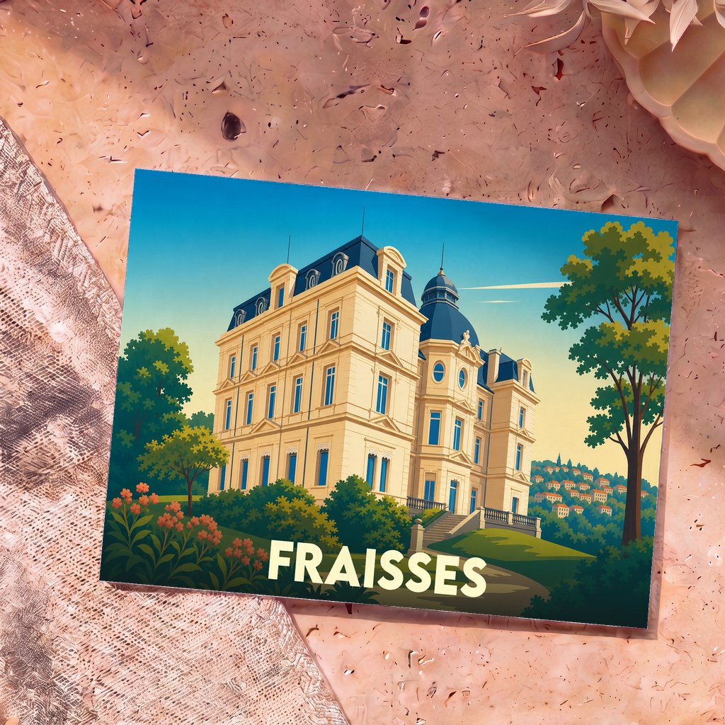 Carte postale souvenir de la ville de Fraisses illustrant son château dans un style vintage coloré.