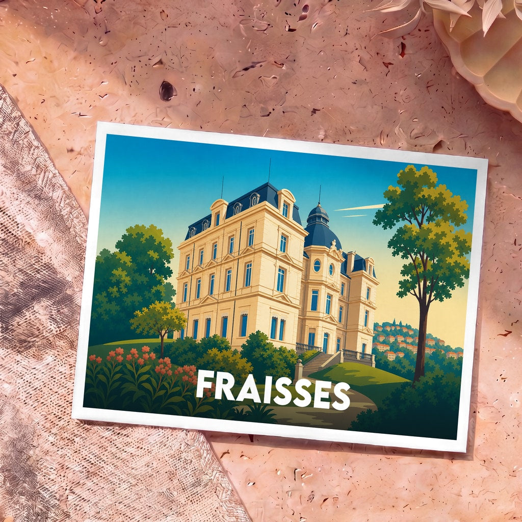 Carte postale souvenir de la ville de Fraisses illustrant son château dans un style vintage coloré.