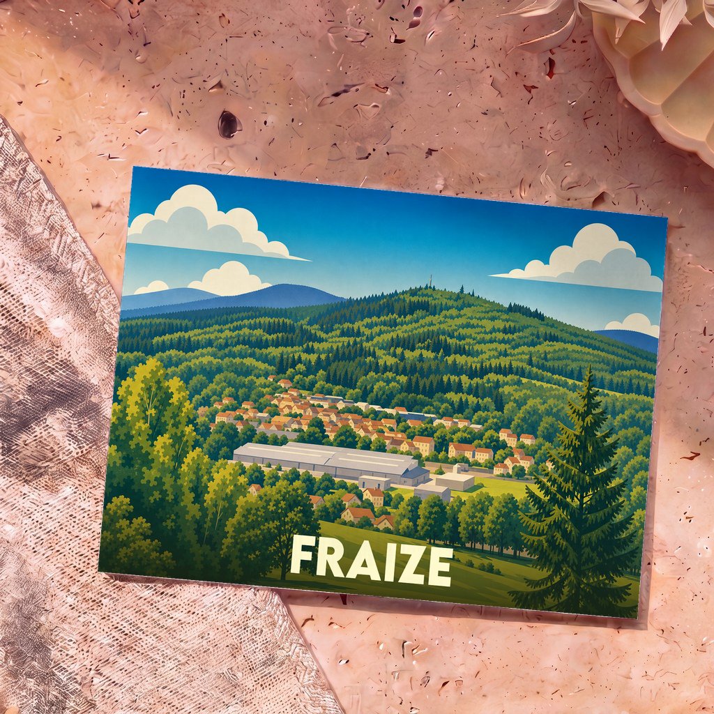 Carte postale souvenir de la ville de Fraize illustrée par un paysage de montagne boisé et coloré.