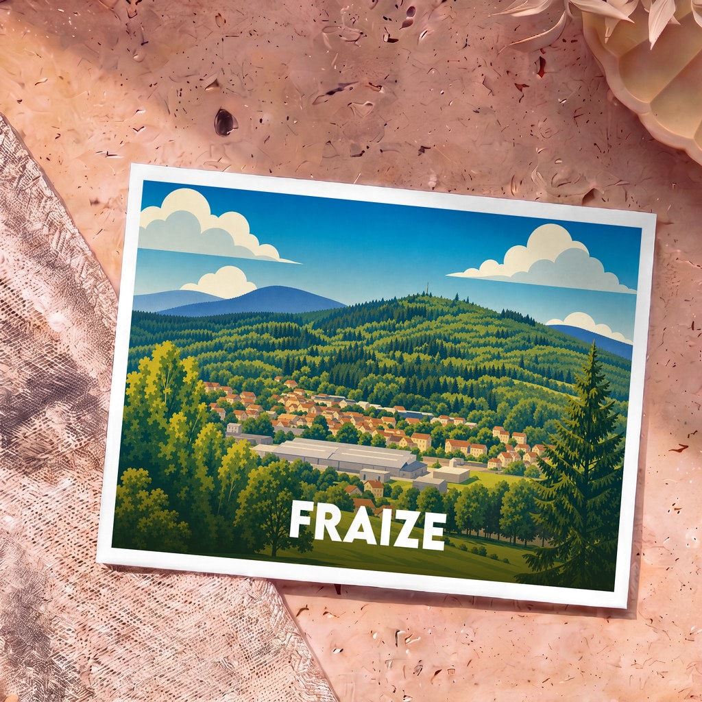 Carte postale souvenir de la ville de Fraize illustrée par un paysage de montagne boisé et coloré.