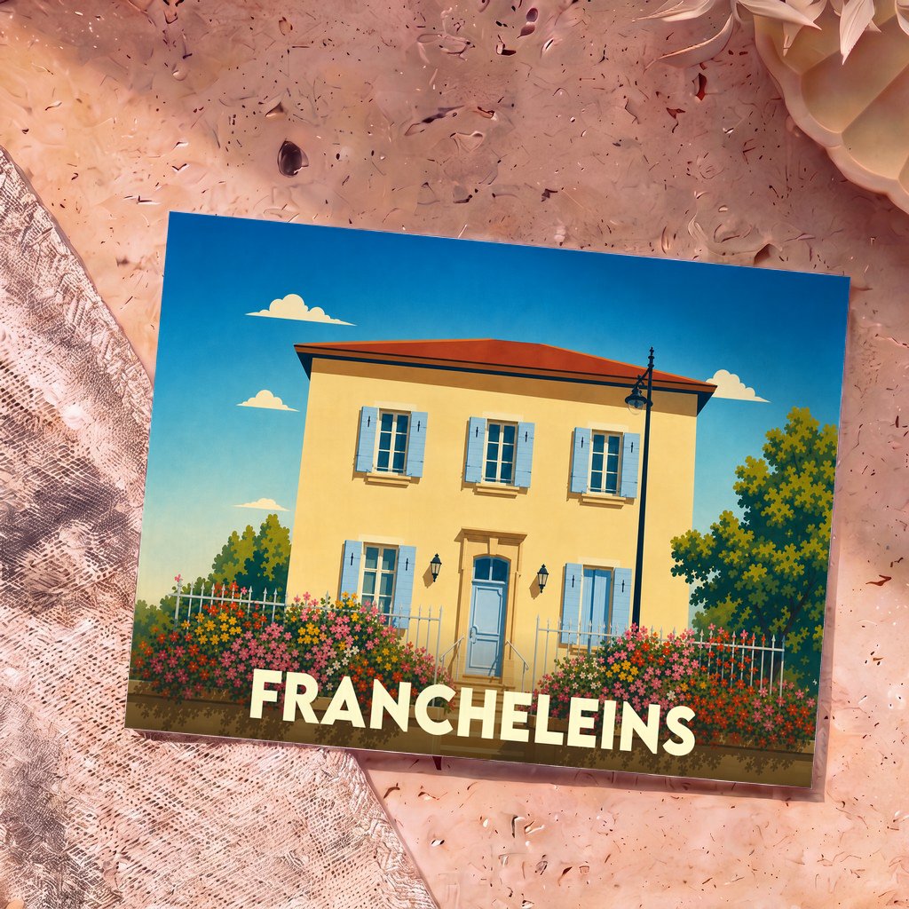 Carte postale souvenir de la ville de Francheleins avec une illustration stylisée d'une maison provençale fleurie.