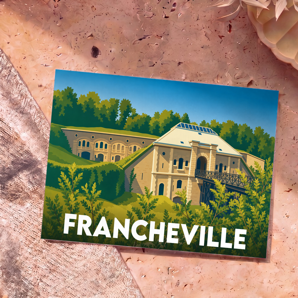 Carte postale souvenir de la ville de Francheville avec une illustration stylisée de son fort historique.