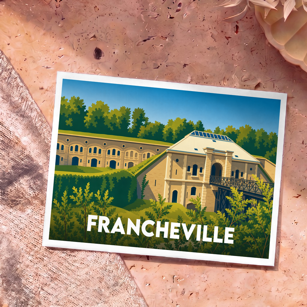 Carte postale souvenir de la ville de Francheville avec une illustration stylisée de son fort historique.