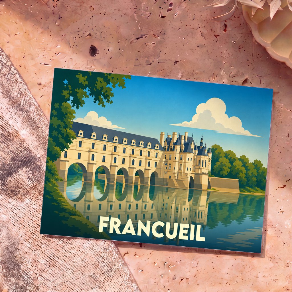 Carte postale souvenir de la ville de Francueil avec une illustration stylisée du château de Chenonceau se reflétant dans l'eau.