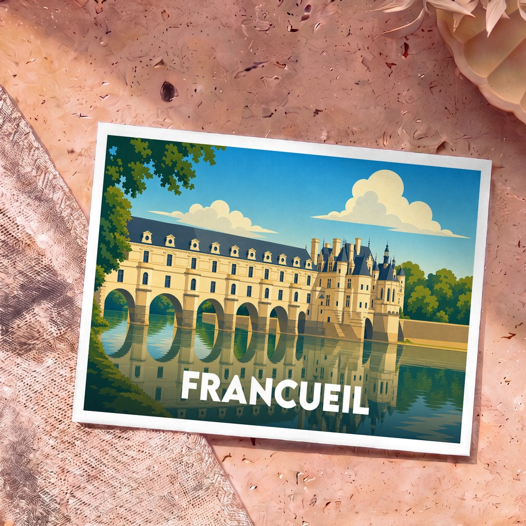 Carte postale souvenir de la ville de Francueil avec une illustration stylisée du château de Chenonceau se reflétant dans l'eau.