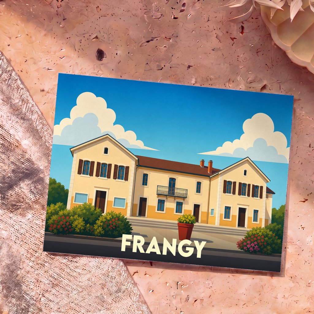 Carte postale souvenir de la ville de Frangy illustrée d'un bâtiment traditionnel sous un ciel nuageux.