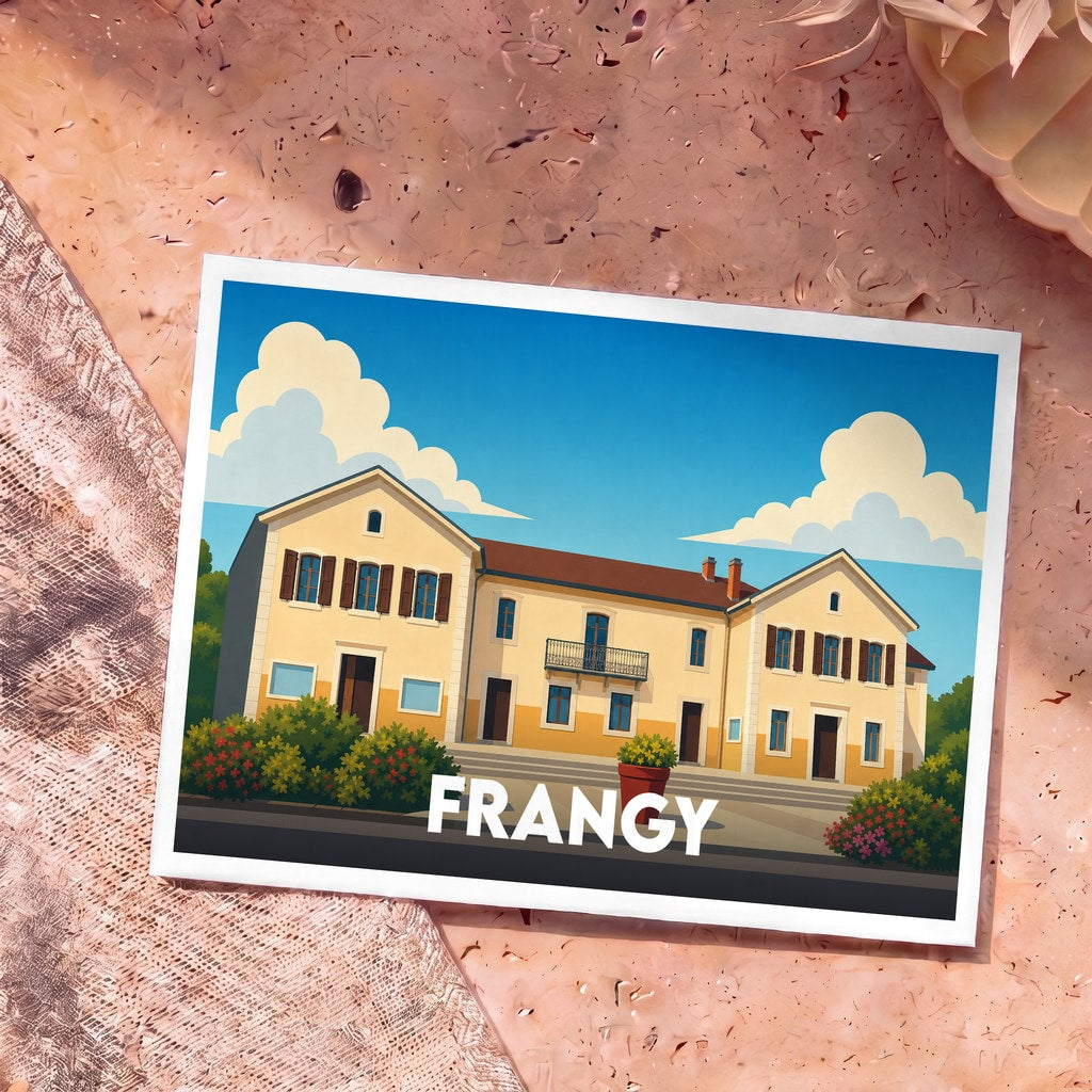 Carte postale souvenir de la ville de Frangy illustrée d'un bâtiment traditionnel sous un ciel nuageux.