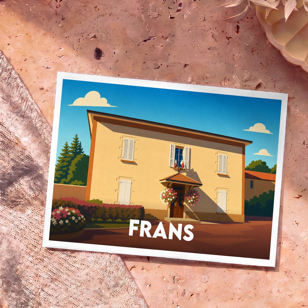 Carte postale souvenir de la ville de Frans avec une illustration stylisée d'une maison traditionnelle fleurie.