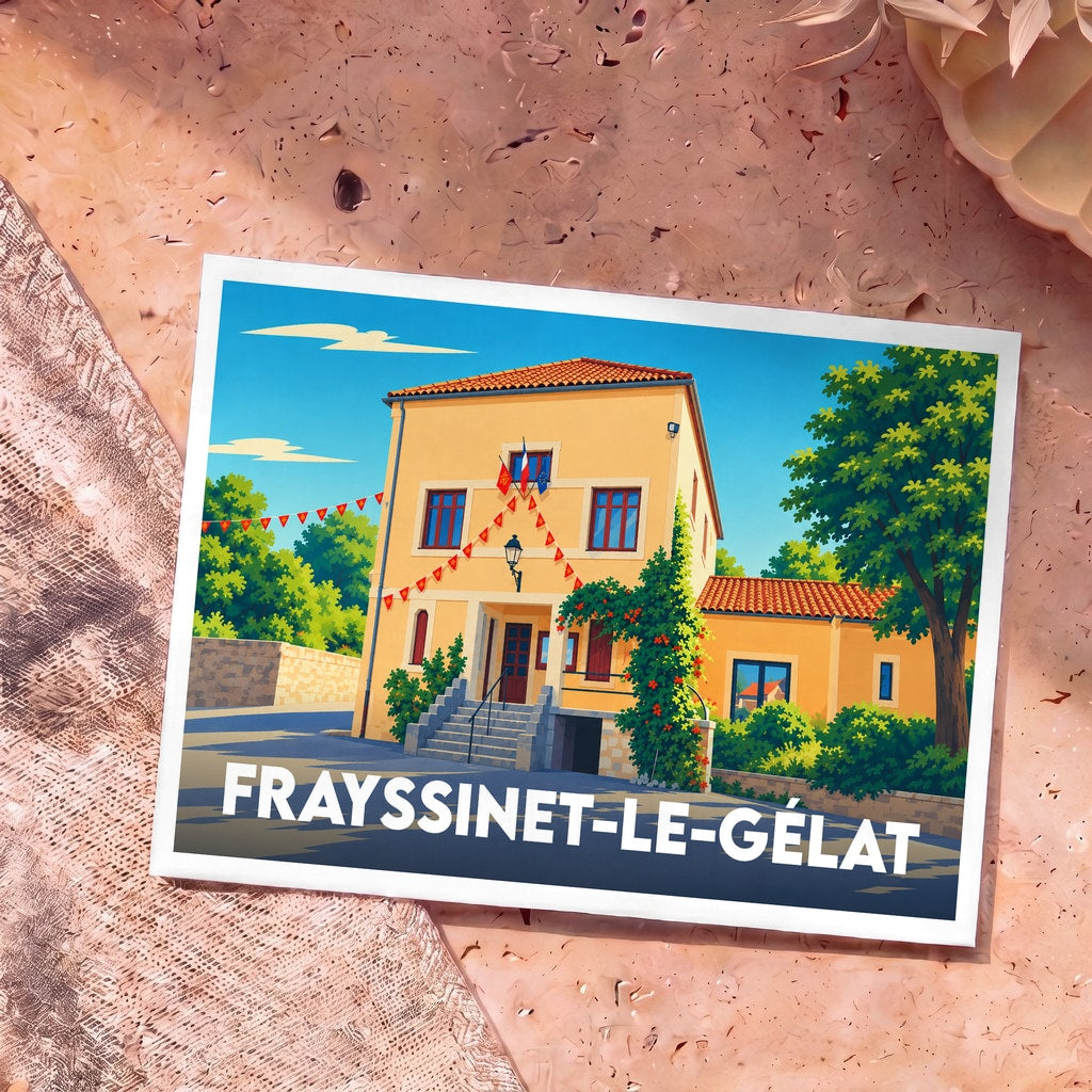 Carte postale souvenir de la ville de Frayssinet-le-Gélat avec une illustration stylisée de sa mairie.