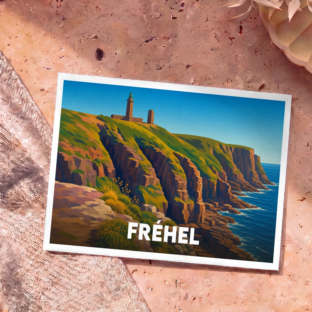 Carte postale souvenir de la ville de Fréhel illustrant son phare et ses falaises escarpées dans un style graphique épuré.