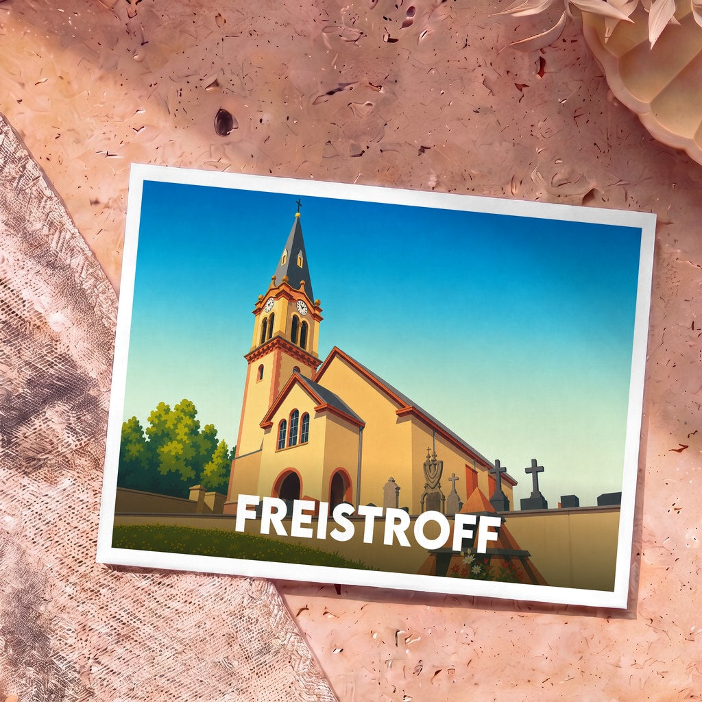 Carte postale souvenir de la ville de Freistroff avec une illustration stylisée de son église et de son cimetière.