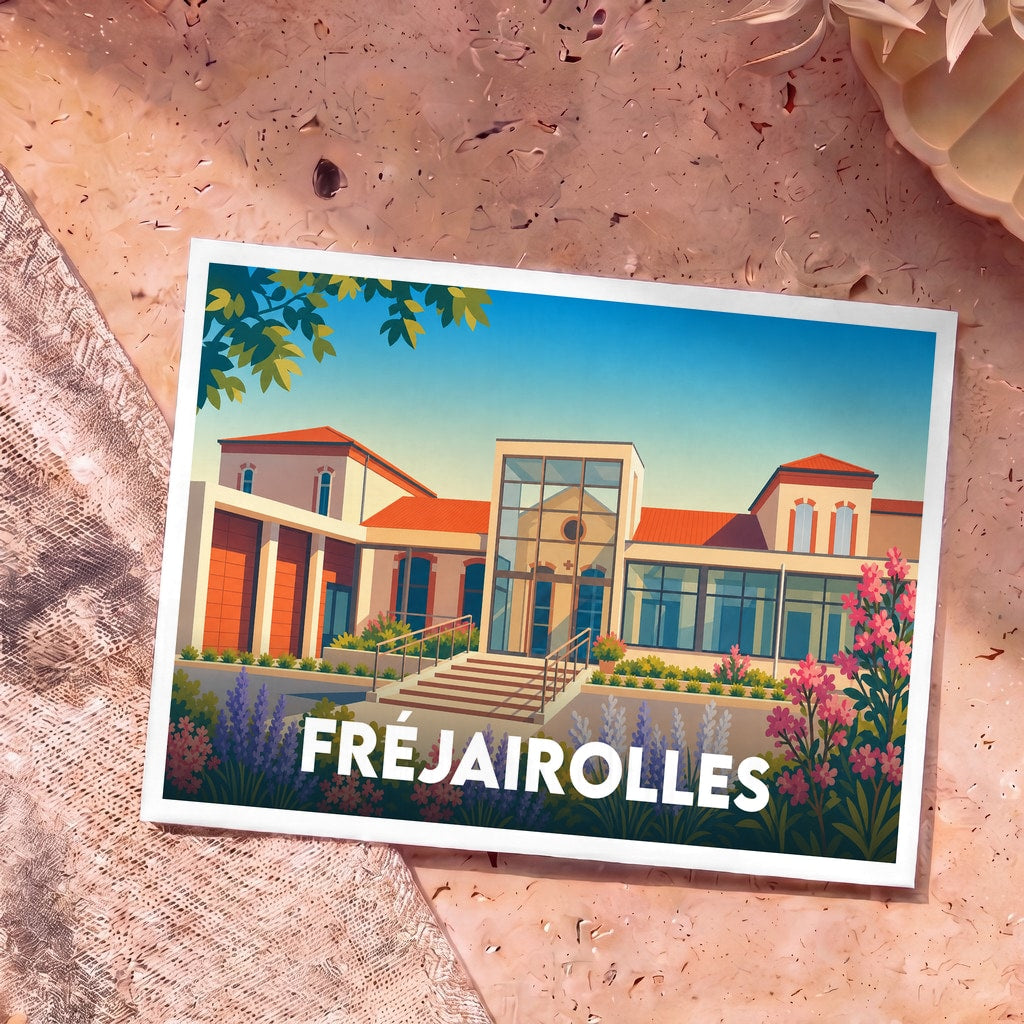 Carte postale souvenir de la ville de Fréjairolles avec une illustration stylisée de sa mairie fleurie.