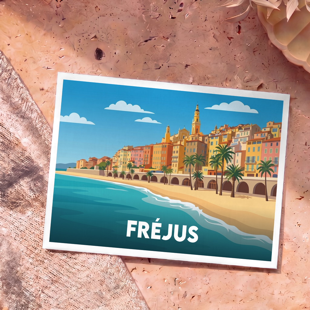 Carte postale souvenir de la ville de Fréjus illustrant son bord de mer et son architecture colorée dans un style rétro.