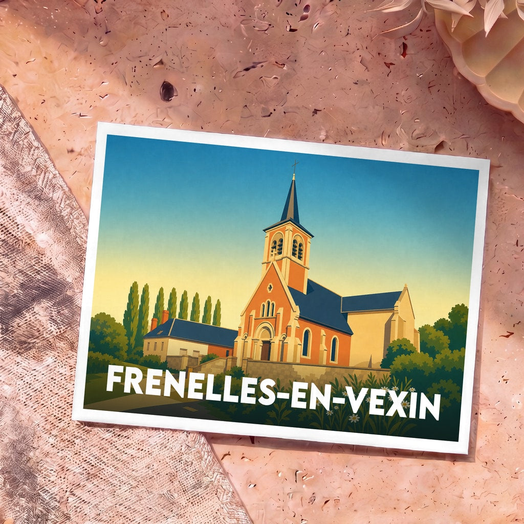 Carte postale souvenir de la ville de Frenelles-en-Vexin avec une illustration stylisée de son église sous un ciel azur.