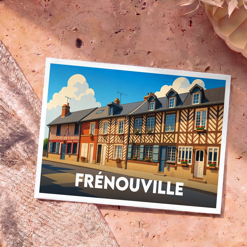 Carte postale souvenir de la ville de Frénouville avec une illustration stylisée de maisons à colombages.