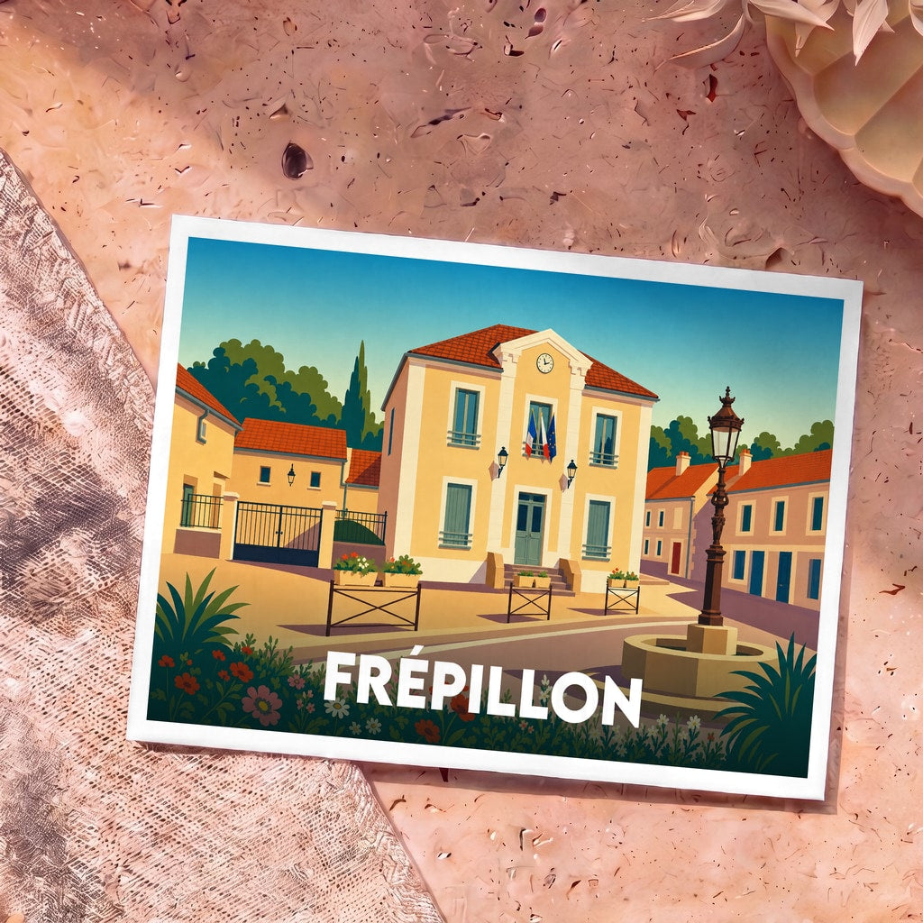 Carte postale souvenir de la ville de Frépillon avec une illustration stylisée de son hôtel de ville.