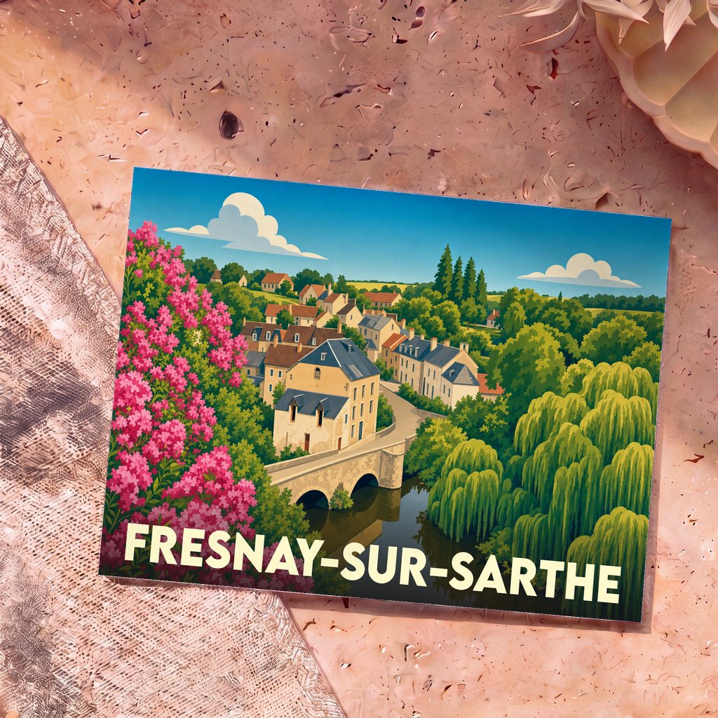 Carte postale souvenir de la ville de Fresnay-sur-Sarthe avec une illustration colorée et stylisée de son pont et de ses maisons au bord de l'eau.