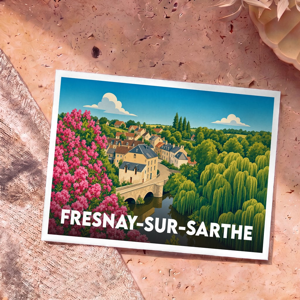 Carte postale souvenir de la ville de Fresnay-sur-Sarthe avec une illustration colorée et stylisée de son pont et de ses maisons au bord de l'eau.