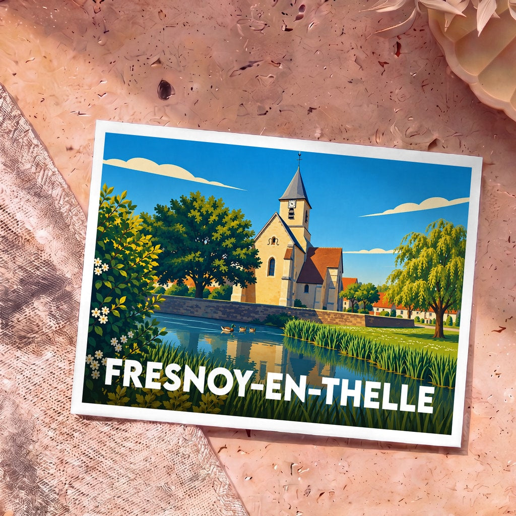 Carte postale souvenir de la ville de Fresnoy-en-Thelle avec une illustration stylisée d'une église au bord de l'eau.