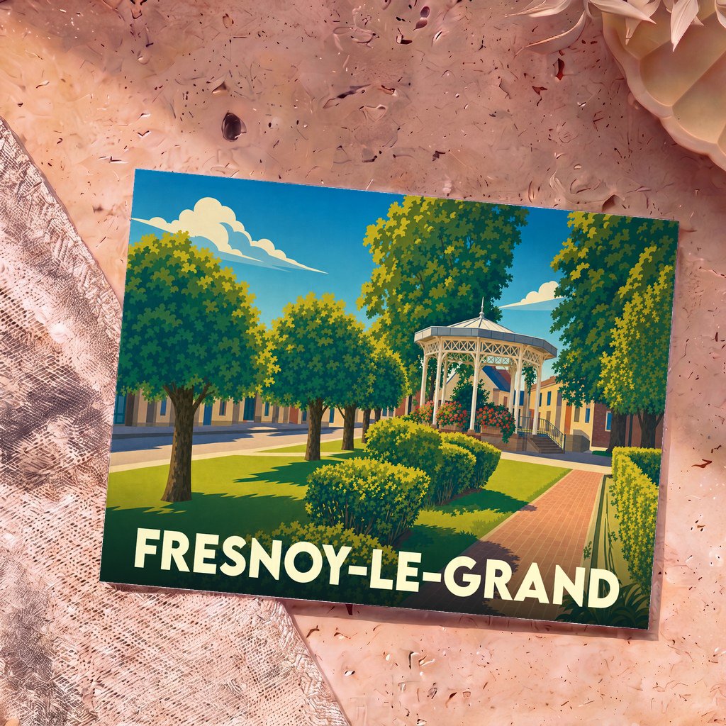 Carte postale souvenir de la ville de Fresnoy-le-Grand avec une illustration stylisée de son kiosque à musique.