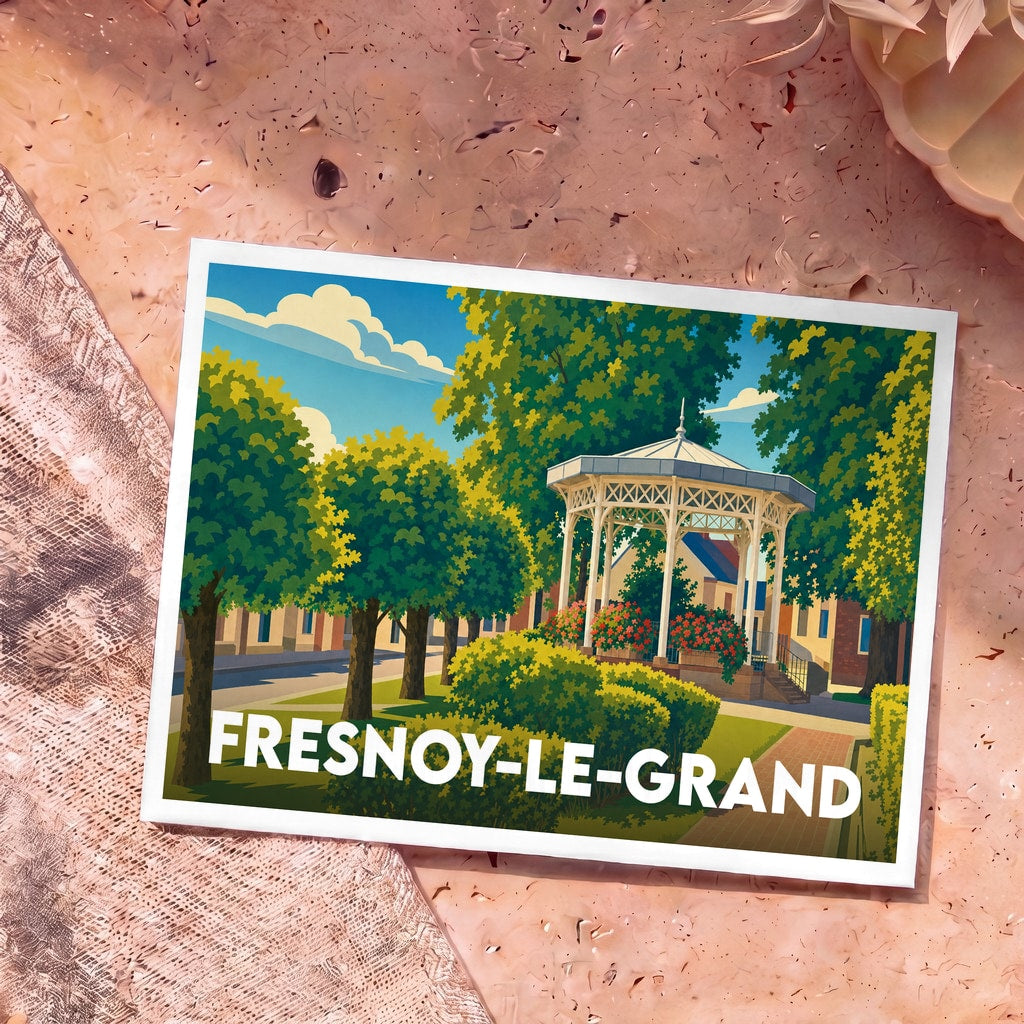 Carte postale souvenir de la ville de Fresnoy-le-Grand avec une illustration stylisée de son kiosque à musique.