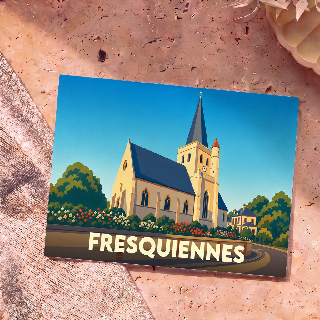 Carte postale souvenir de la ville de Fresquiennes illustrant son église avec un style graphique épuré.
