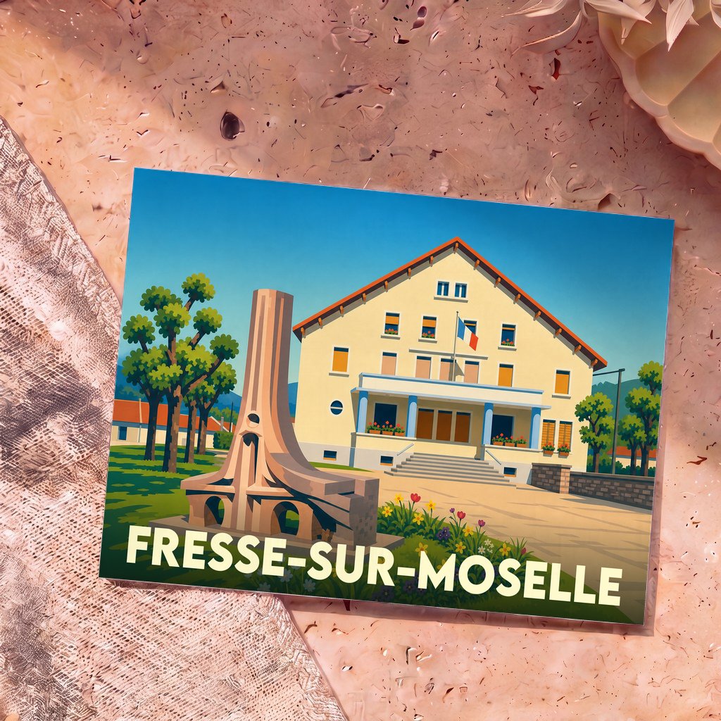 Carte postale souvenir de la ville de Fresse-sur-Moselle avec une illustration stylisée de sa mairie et d'un monument.