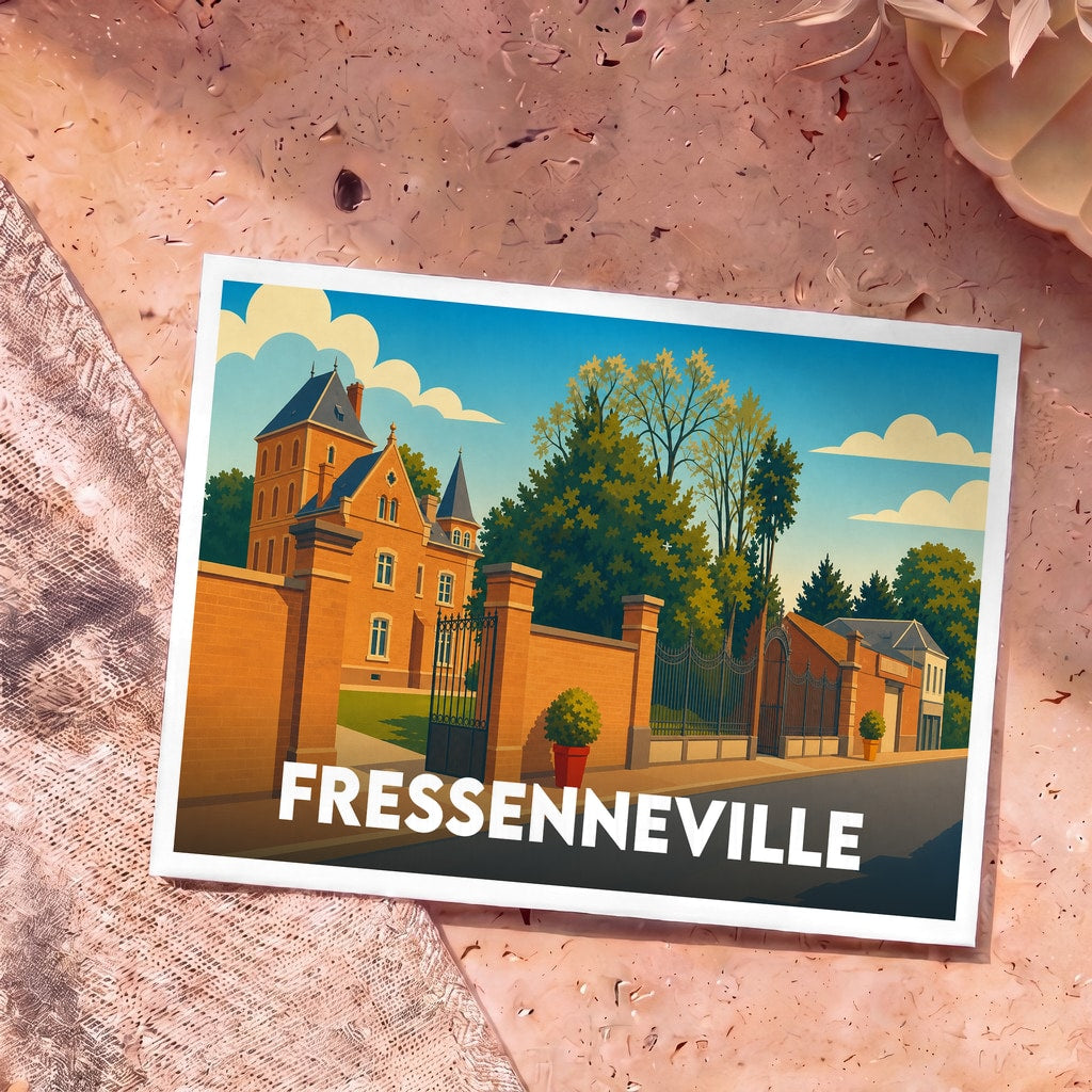 Carte postale souvenir de la ville de Fressenneville avec une illustration stylisée d'un manoir en briques.