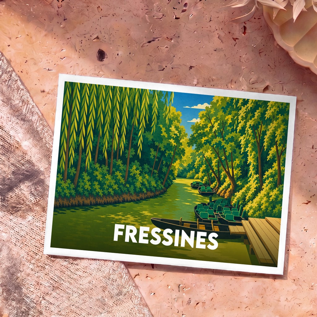 Carte postale souvenir de la ville de Fressines avec une illustration stylisée d'une barque sur une rivière bordée d'arbres.