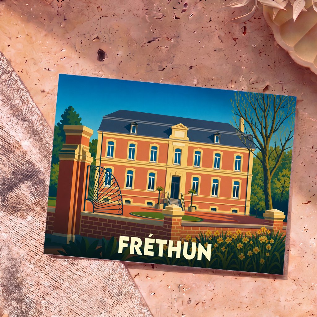 Carte postale souvenir de la ville de Fréthun avec une illustration stylisée d'un manoir en briques.