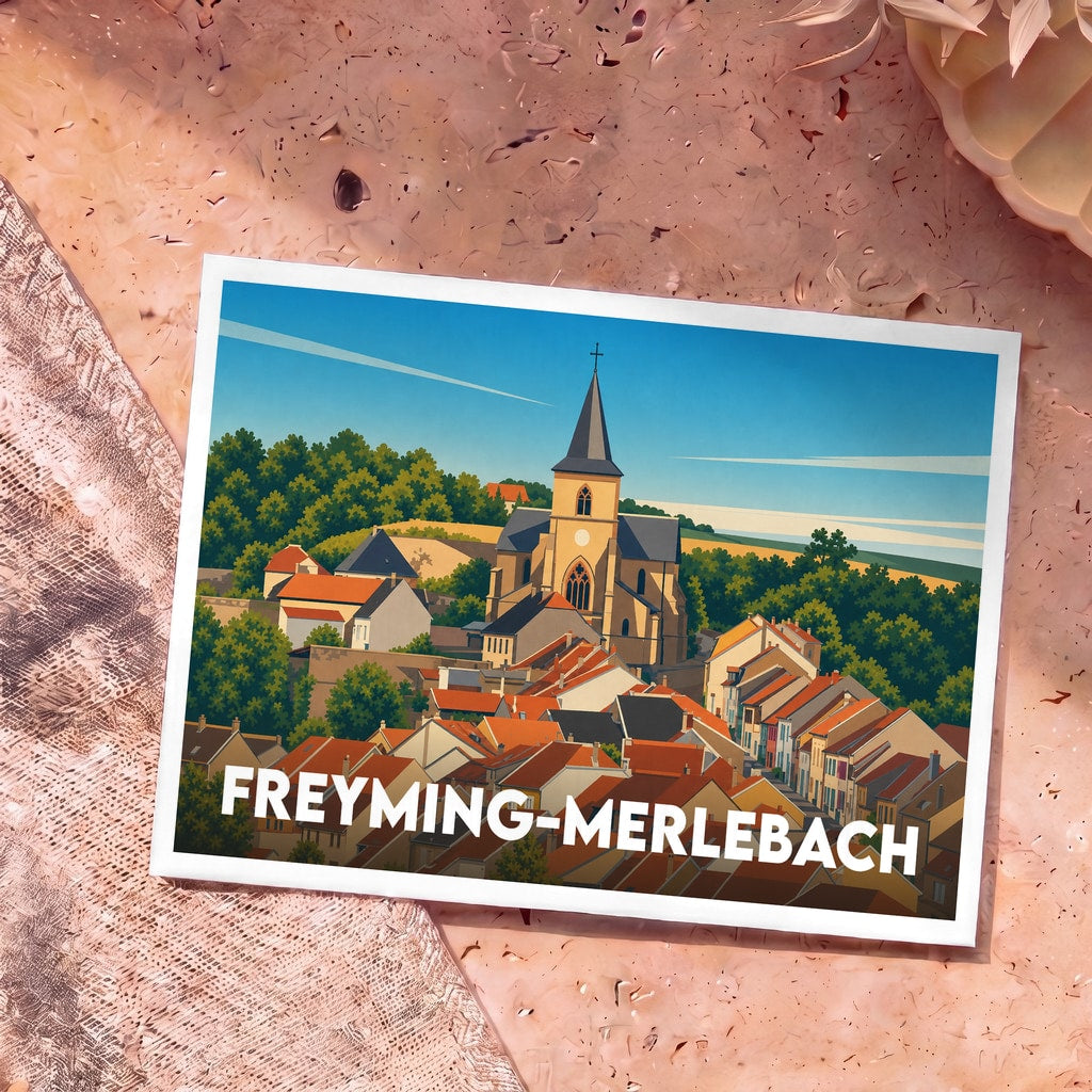 Carte postale souvenir de la ville de Freyming-Merlebach avec une illustration stylisée de son église et de ses toits.
