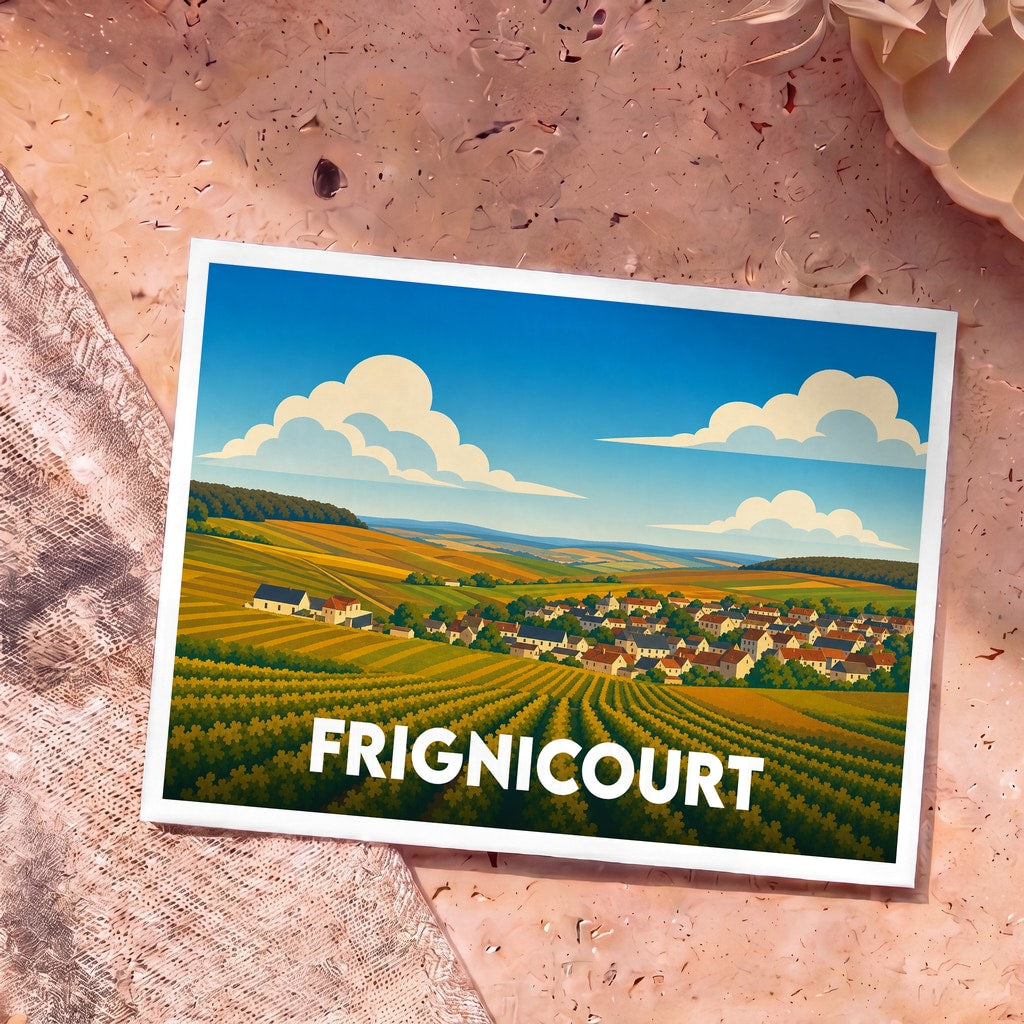 Carte postale souvenir de la ville de Frignicourt avec une illustration stylisée de paysages vallonnés.