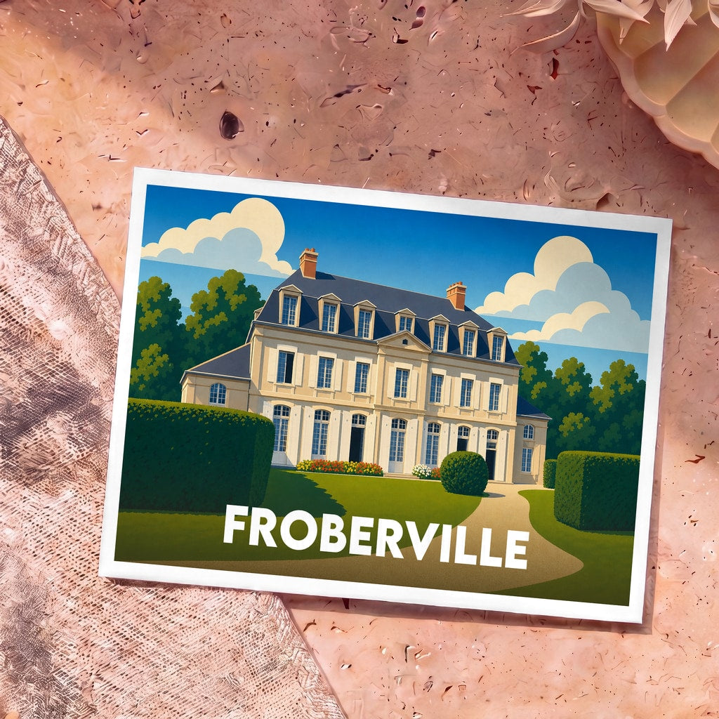 Carte postale souvenir de la ville de Froberville avec une illustration stylisée d'un manoir.
