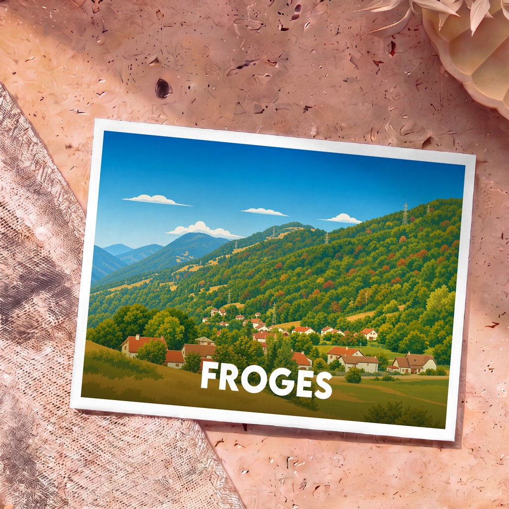Carte postale souvenir de la ville de Froges avec une illustration stylisée de son paysage montagneux et de ses maisons.