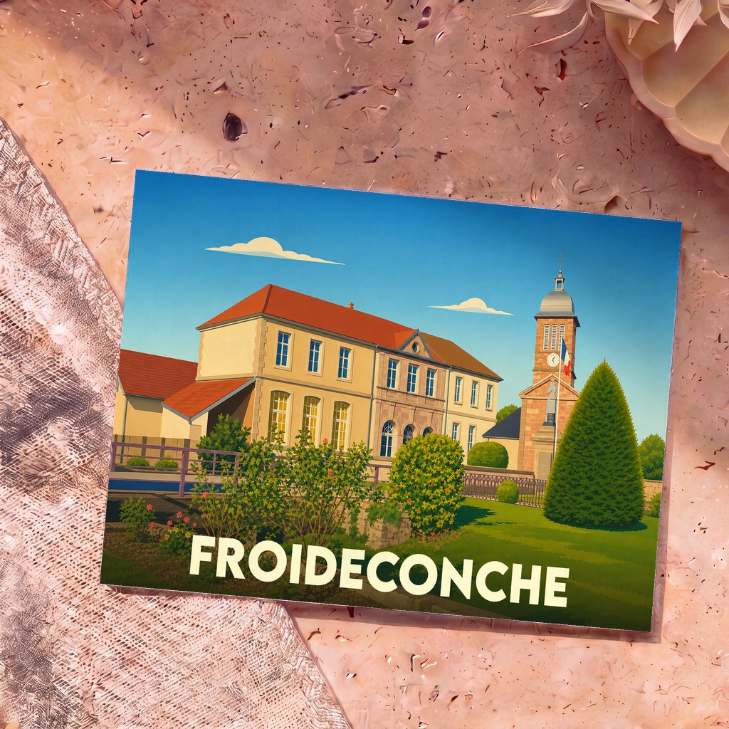 Carte postale souvenir de la ville de Froideconche avec une illustration stylisée de sa mairie et de son église.