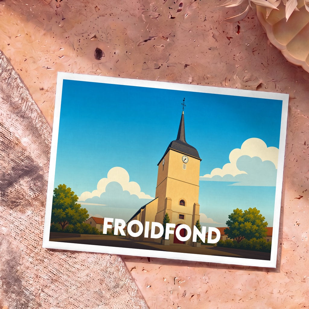 Carte postale souvenir de la ville de Froidfond avec une illustration stylisée de son église sous un ciel bleu.