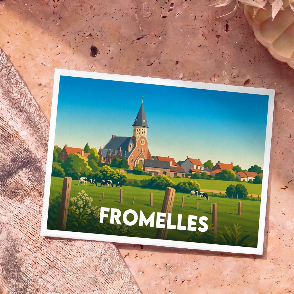 Carte postale souvenir de la ville de Fromelles avec une illustration stylisée d'une église, de maisons et de vaches dans un pré.