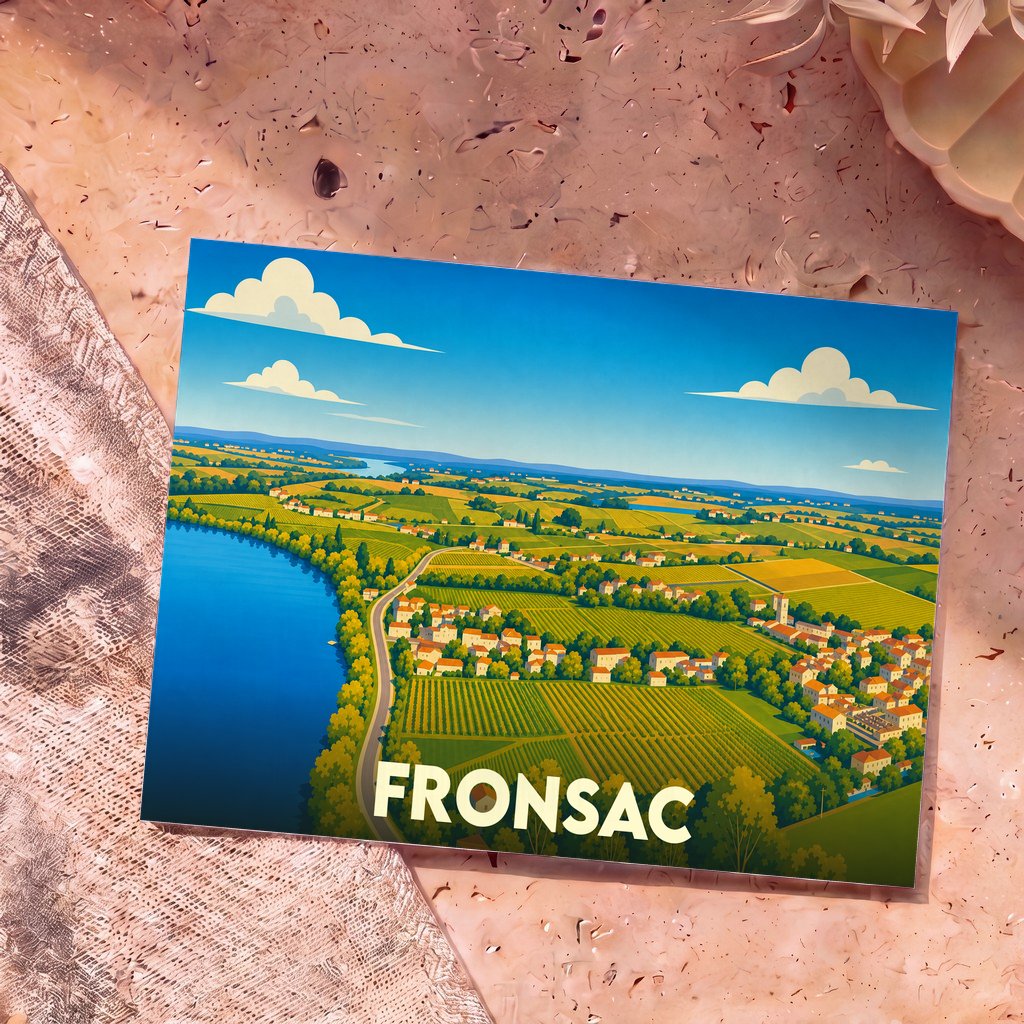 Carte postale souvenir de la ville de Fronsac avec une illustration stylisée d'un paysage de vignobles en bord de rivière.