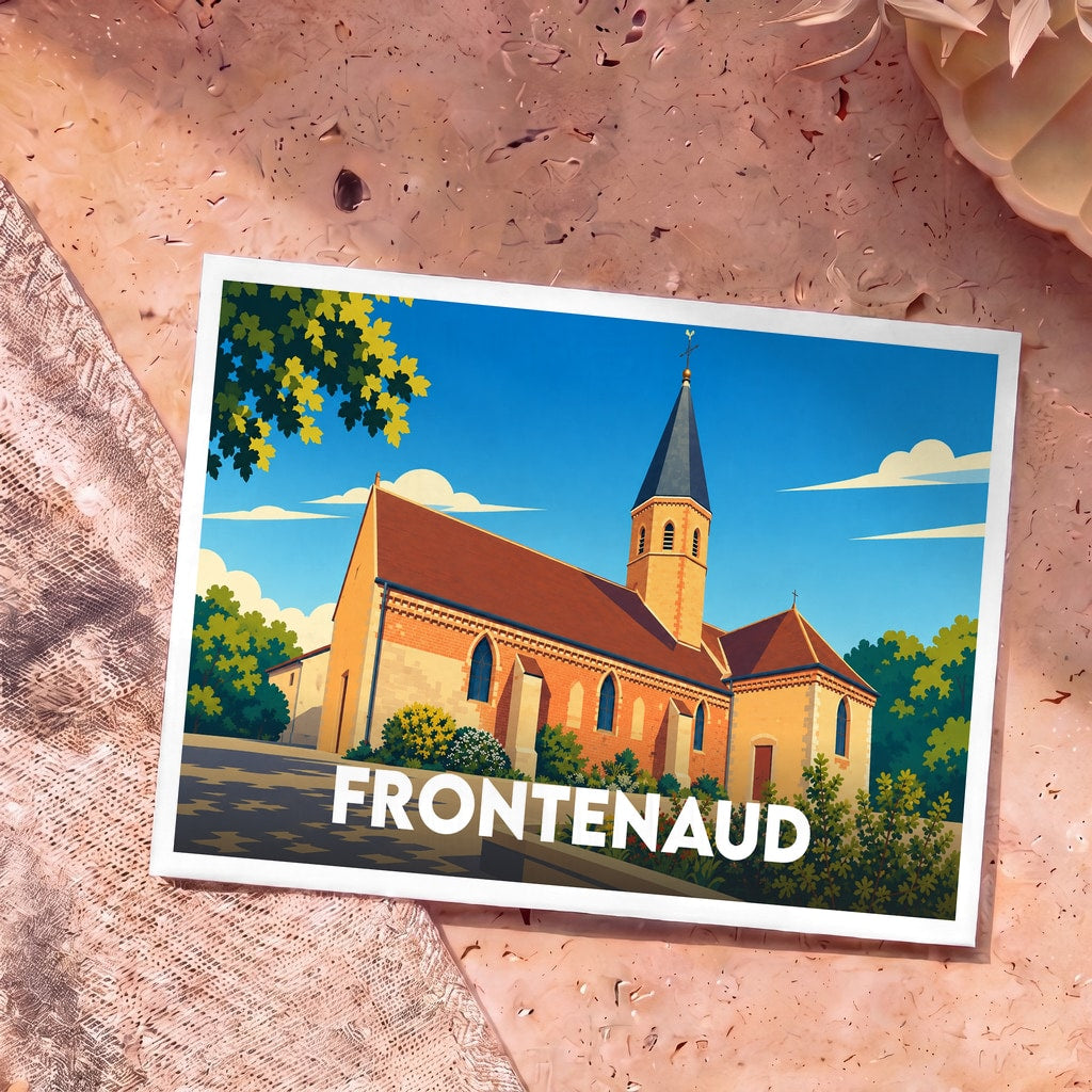 Carte postale souvenir de la ville de Frontenaud avec une illustration stylisée d'une église sous un ciel bleu.