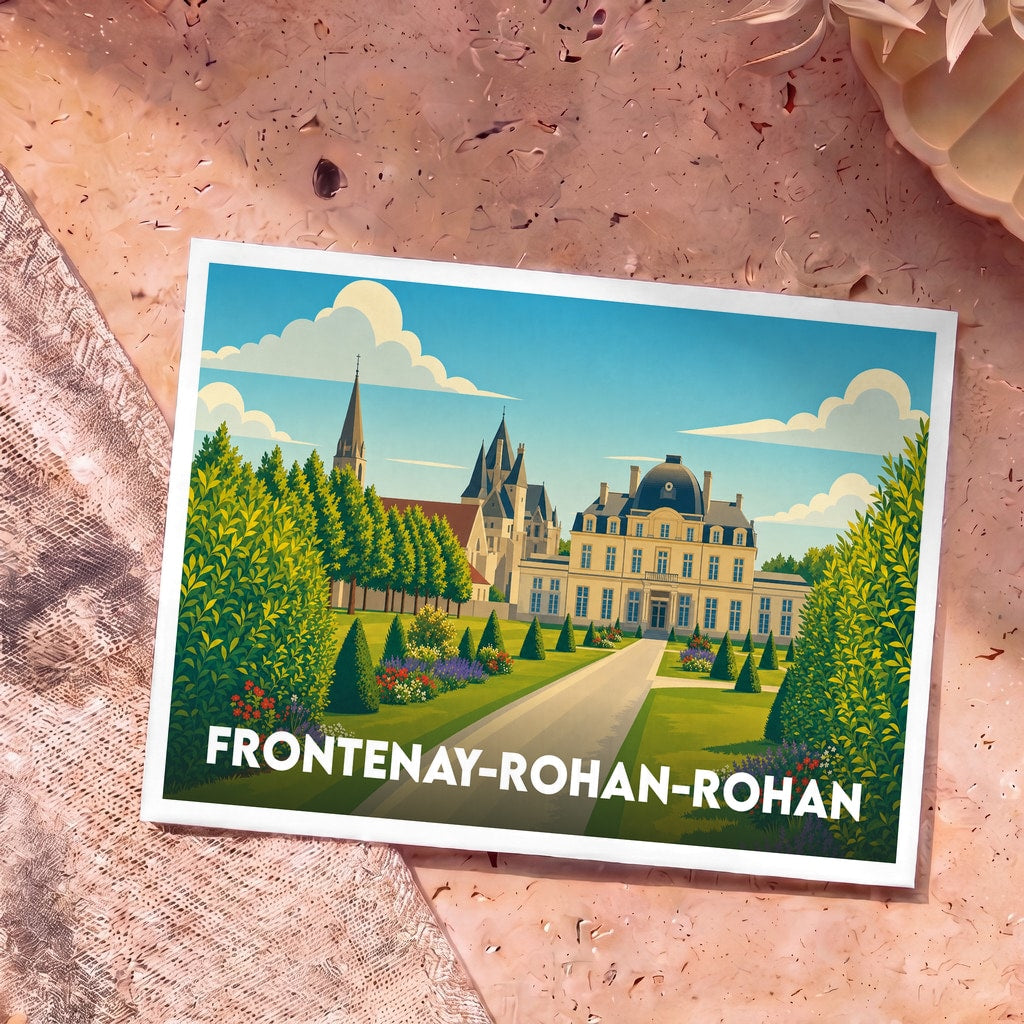 Carte postale souvenir de la ville de Frontenay-Rohan-Rohan avec une illustration stylisée de son patrimoine.