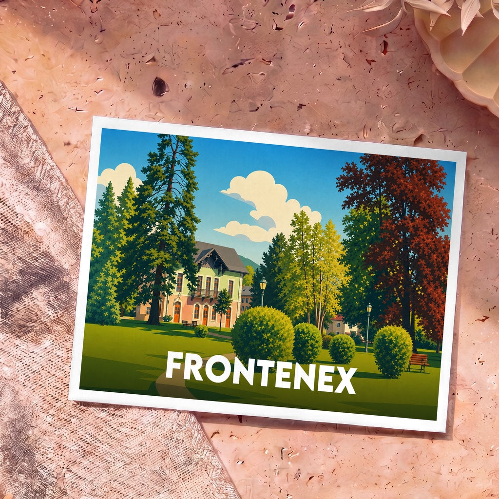 Carte postale souvenir de la ville de Frontenex avec une illustration stylisée d'un parc arboré.