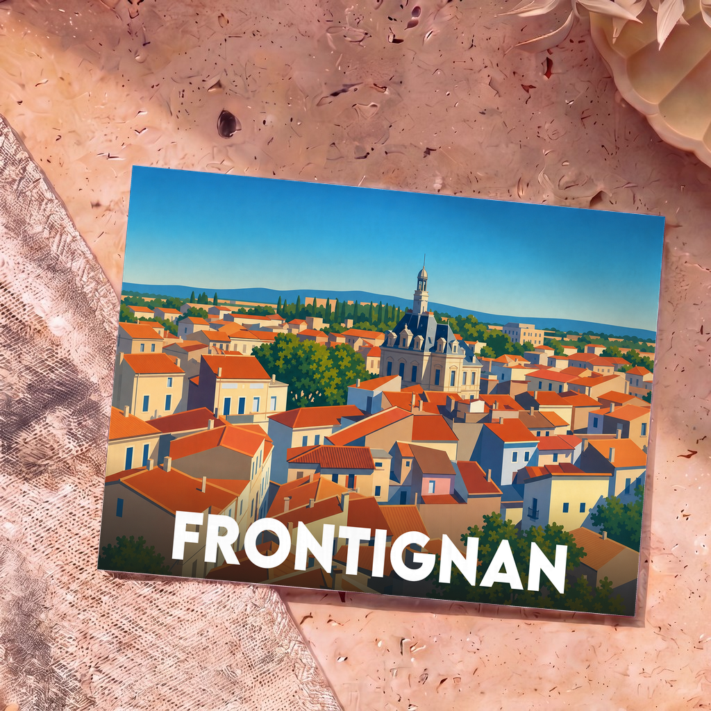 Carte postale souvenir de la ville de Frontignan présentant une illustration stylisée de ses toits orangés et de son église sous un ciel bleu.