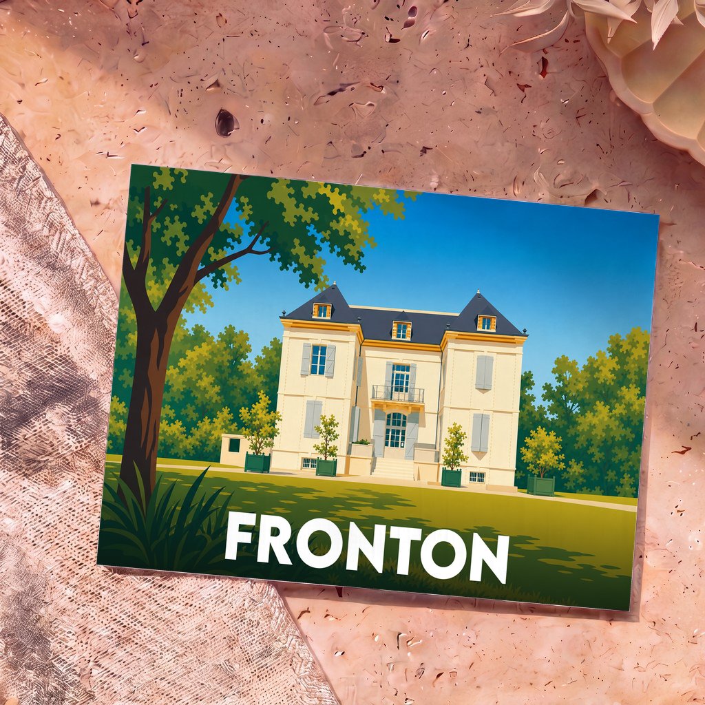 Carte postale souvenir de la ville de Fronton illustrant une demeure de maître stylisée entourée de verdure.