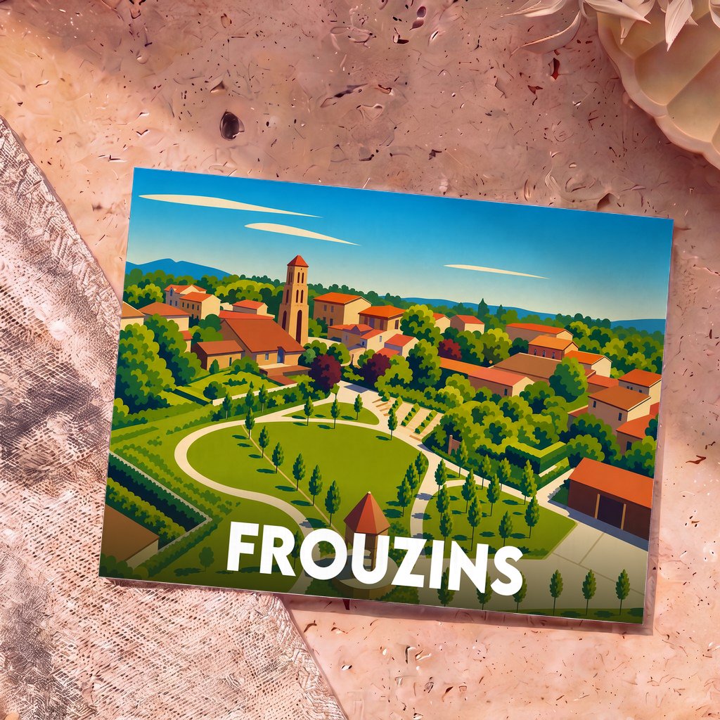 Carte postale souvenir de la ville de Frouzins avec une illustration stylisée d'un parc et d'un clocher.