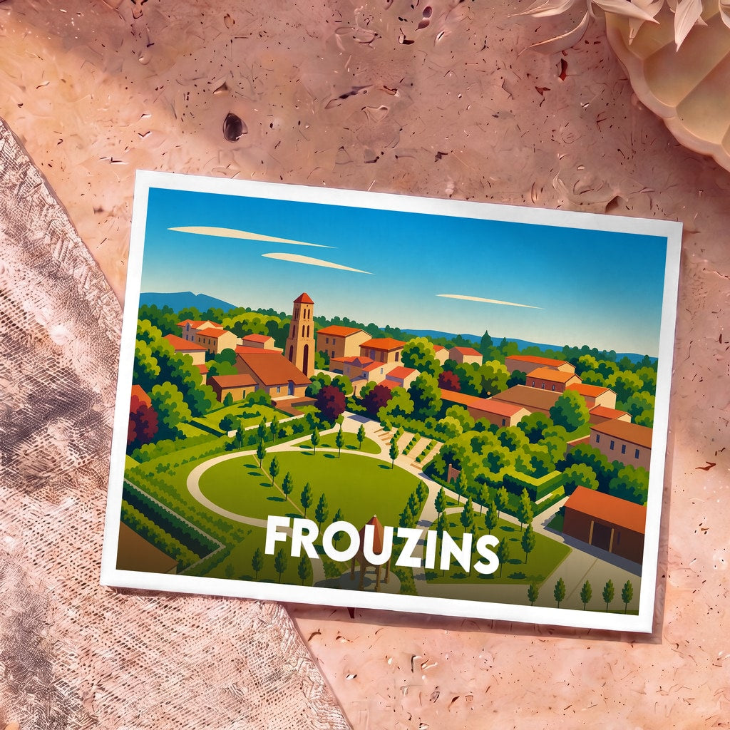 Carte postale souvenir de la ville de Frouzins avec une illustration stylisée d'un parc et d'un clocher.