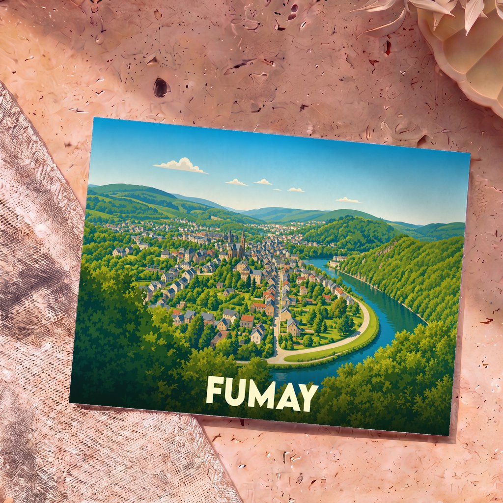 Carte postale souvenir de la ville de Fumay illustrant ses maisons et son célèbre méandre de la Meuse dans un style graphique épuré.