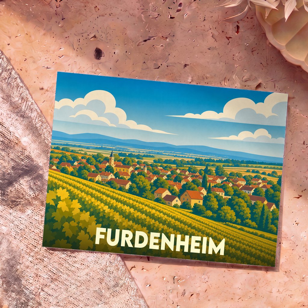 Carte postale souvenir de la ville de Furdenheim avec une illustration stylisée de son paysage de vignobles et de maisons alsaciennes.