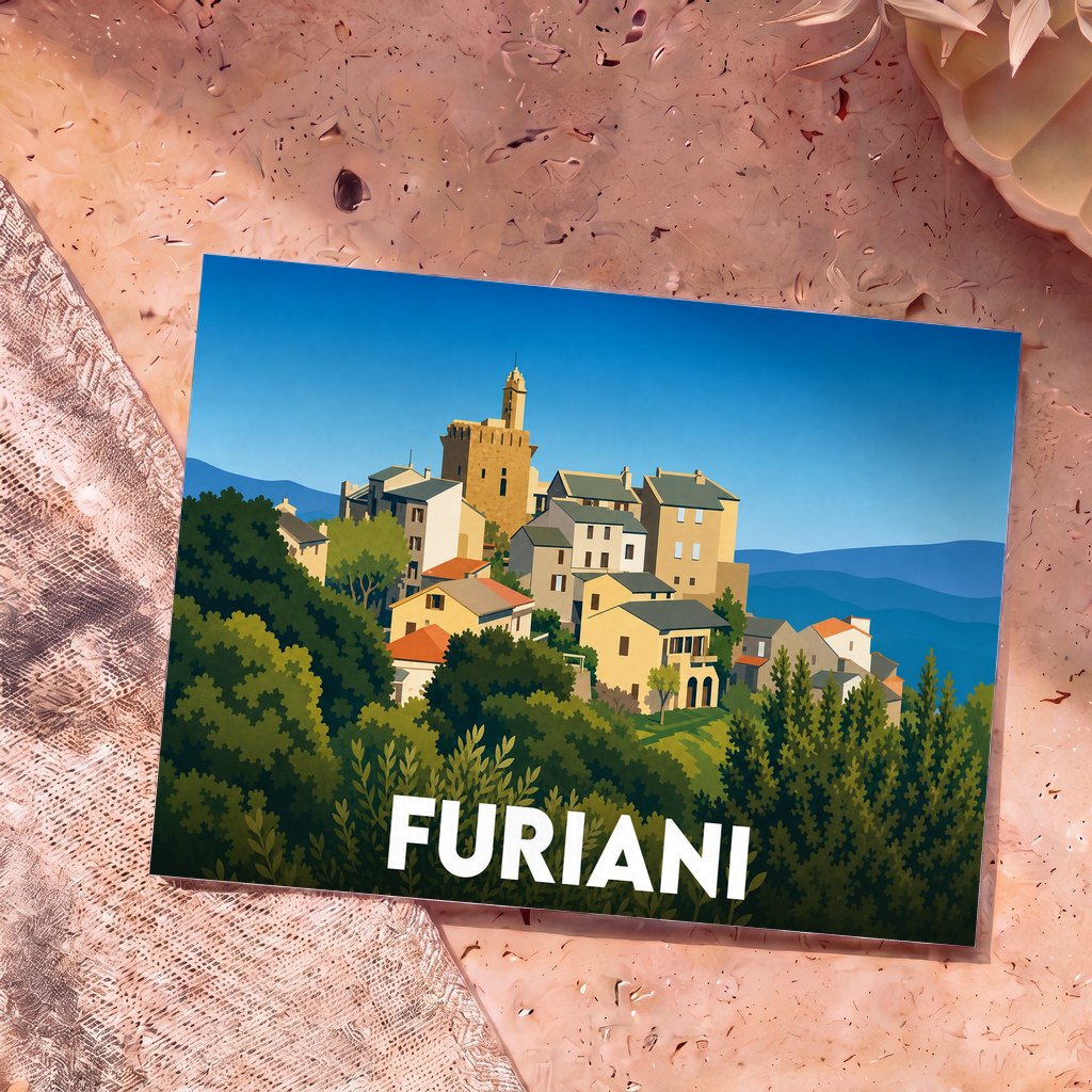 Carte postale souvenir de la ville de Furiani avec une illustration stylisée de son village perché.