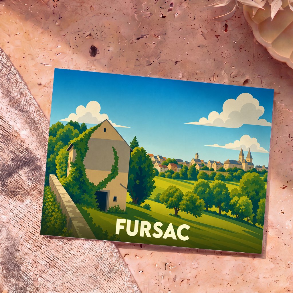 Carte postale souvenir de la ville de Fursac avec une illustration paysagère stylisée.