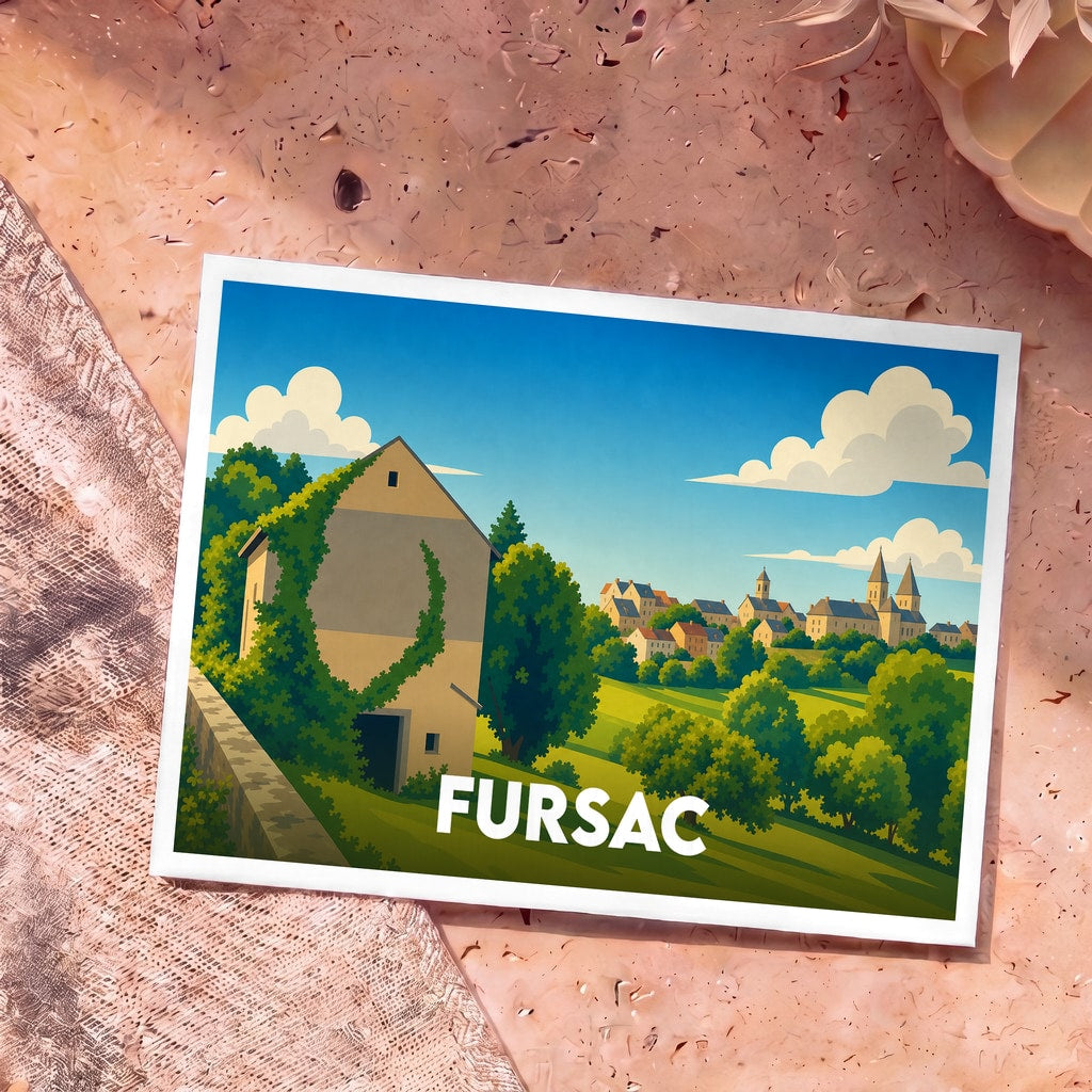 Carte postale souvenir de la ville de Fursac avec une illustration paysagère stylisée.
